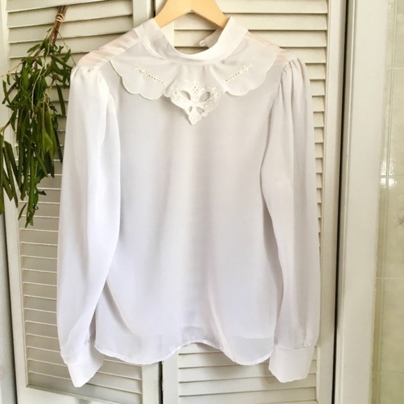 {Vintage} White Puff Sleeve High Neck Sheer Blouse - Picture 3 of 8